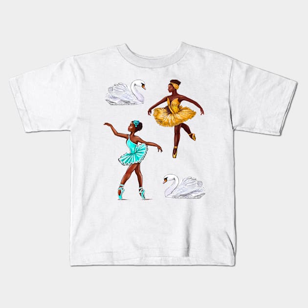 The top 10 best Dance gifts - Swans - African American Ballerinas Black girls dancing Ballet Dancers Brown skin Ballerina Kids T-Shirt by Artonmytee